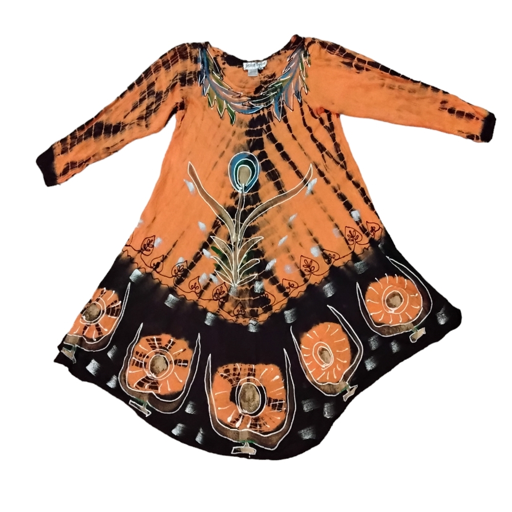 Jessica Taylor Orange And Brown Tie Dye Tunic Dress Womens Size Medium